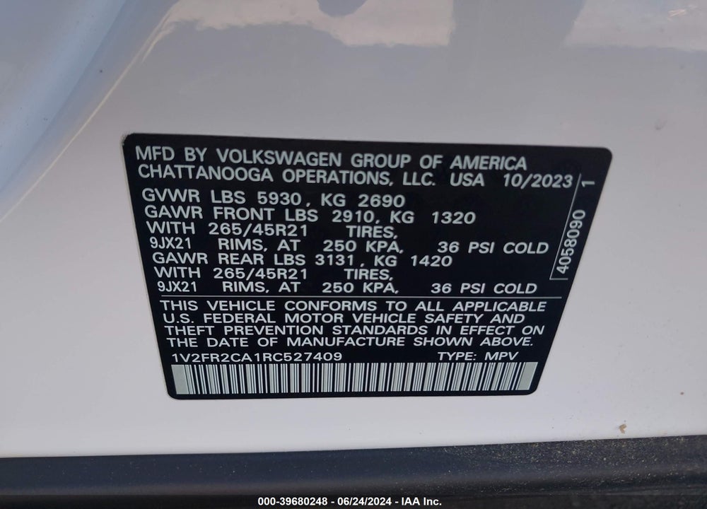2024 VOLKSWAGEN ATLAS 2.0T SEL PREMIUM R-LINE VIN: 1V2FR2CA1RC527409