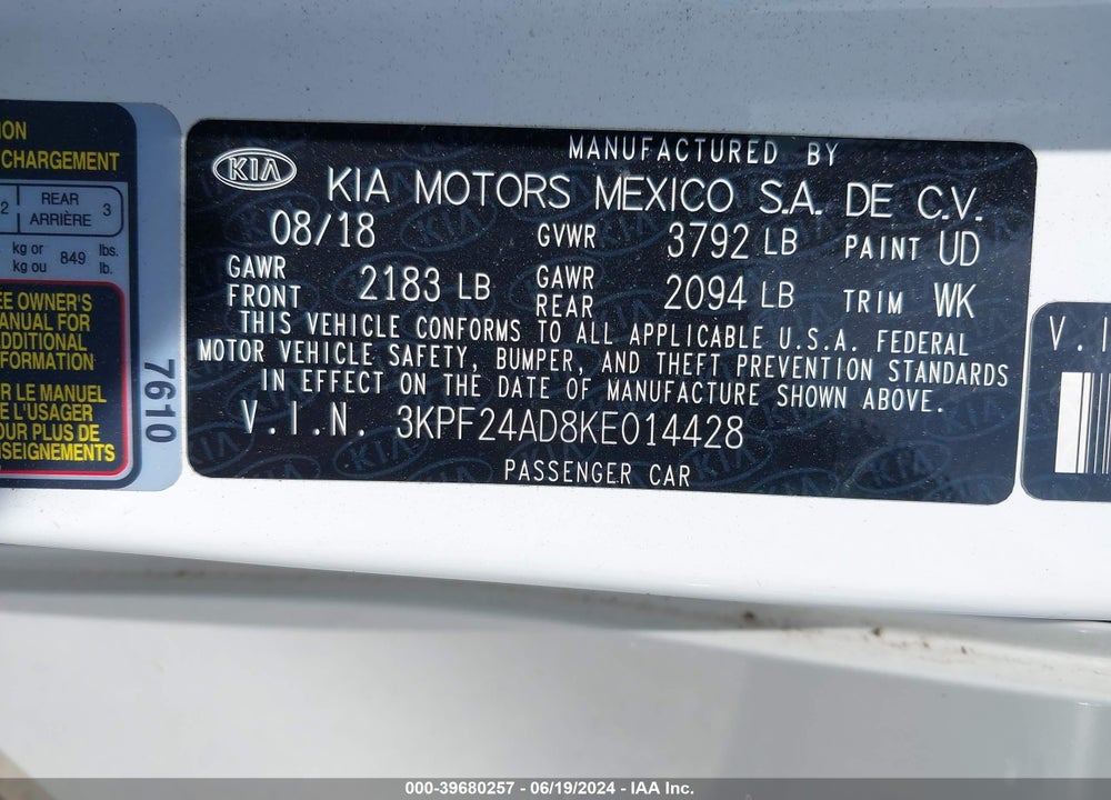 2019 KIA FORTE LXS VIN: 3KPF24AD8KE014428