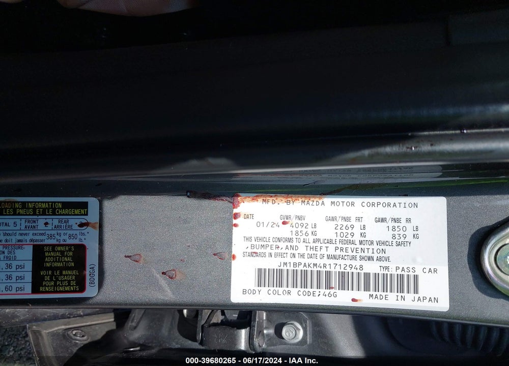 2024 MAZDA 3 2.5 S SELECT SPORT VIN: JM1BPAKM4R1712948