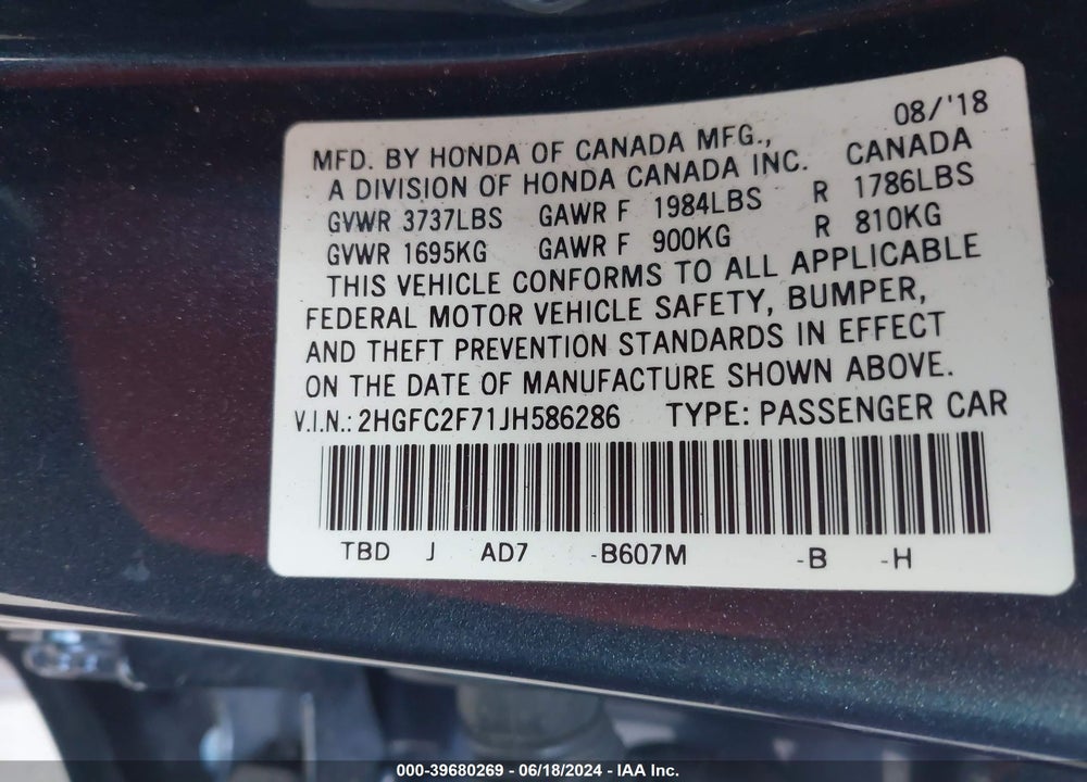 2018 HONDA CIVIC EX VIN: 2HGFC2F71JH586286