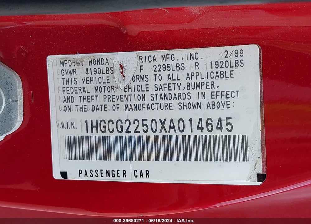 1999 HONDA ACCORD EX V6 VIN: 1HGCG2250XA014645