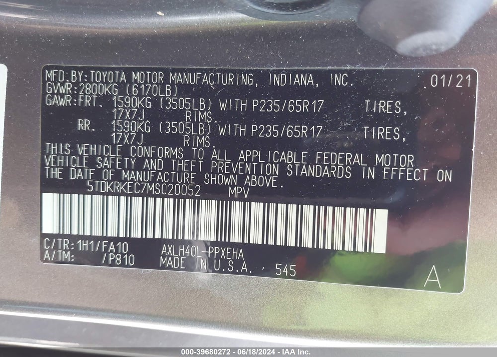 2021 TOYOTA SIENNA LE VIN: 5TDKRKEC7MS020052
