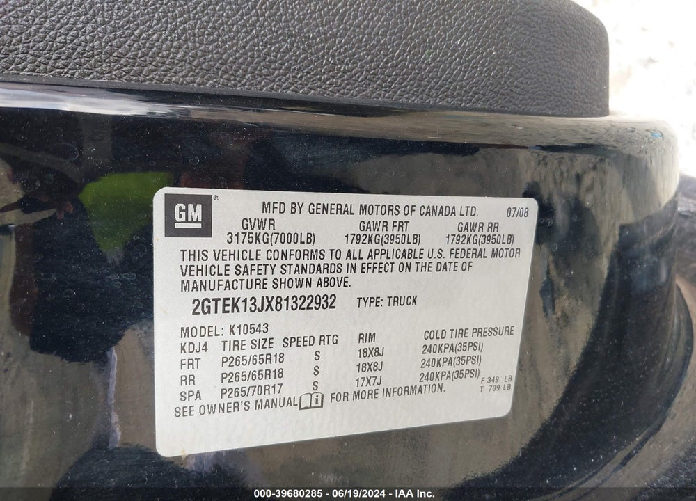 2008 GMC SIERRA 1500 SLT VIN: 2GTEK13JX81322932