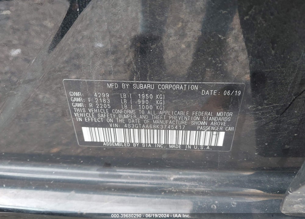 2019 SUBARU IMPREZA 2.0I VIN: 4S3GTAA68K3745417