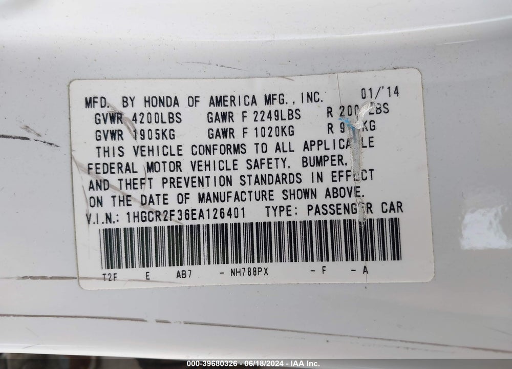 2014 HONDA ACCORD LX VIN: 1HGCR2F36EA126401