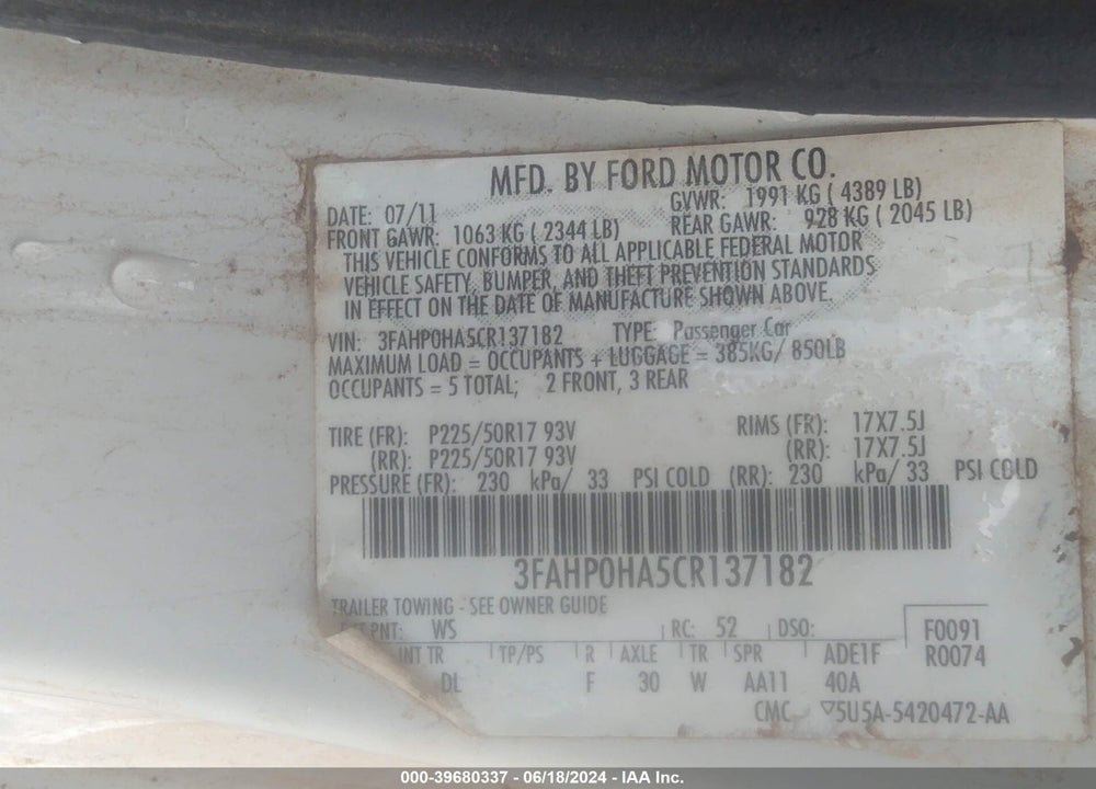 2012 FORD FUSION SE VIN: 3FAHP0HA5CR137182