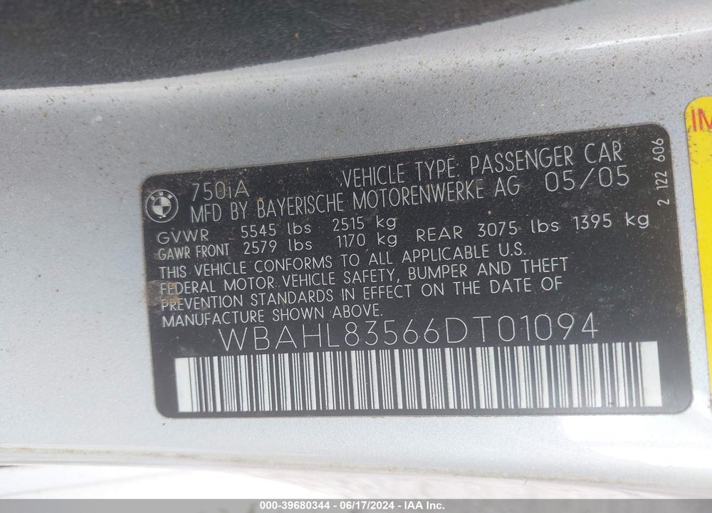 2006 BMW 750I VIN: WBAHL83566DT01094