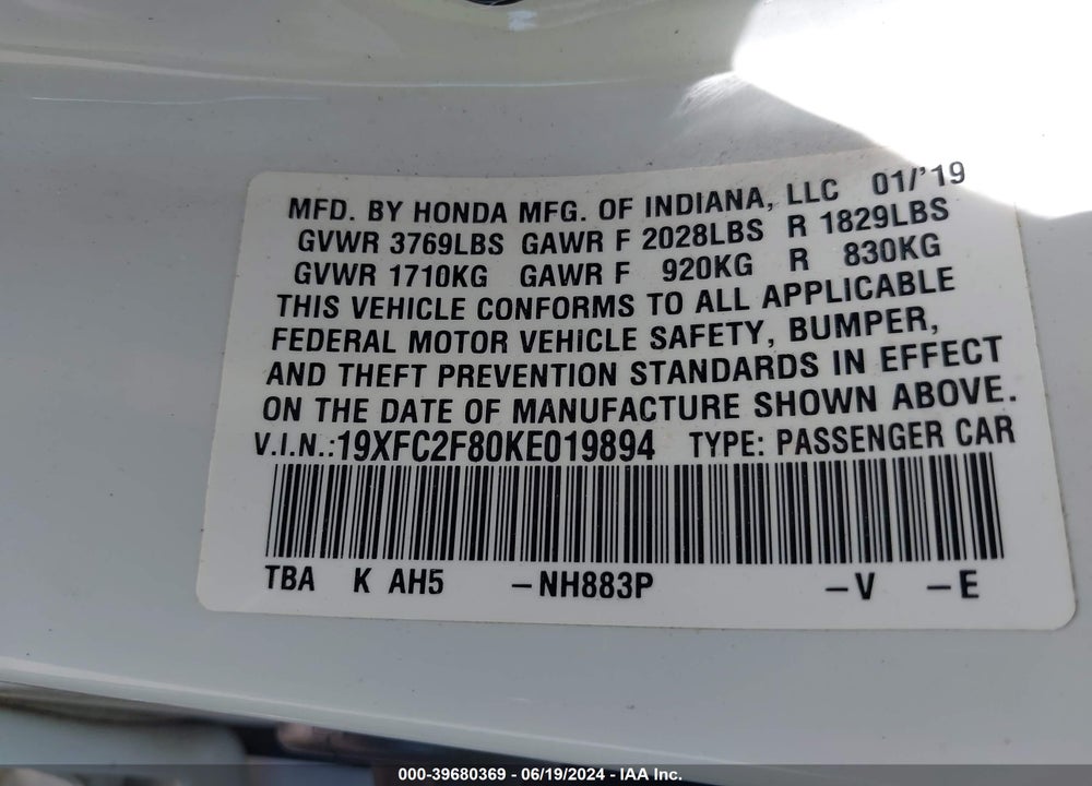 2019 HONDA CIVIC SPORT VIN: 19XFC2F80KE019894