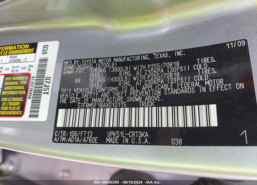 2010 TOYOTA TUNDRA GRADE 4.6L V8 VIN: 5TFRM5F18AX010115