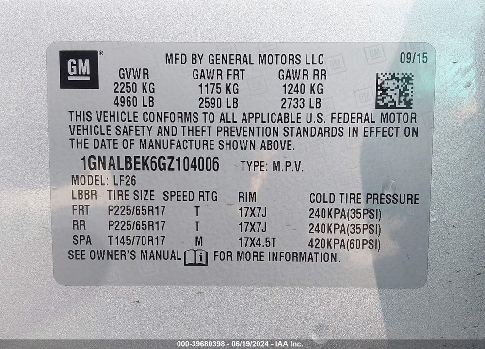 2016 CHEVROLET EQUINOX LS VIN: 1GNALBEK6GZ104006