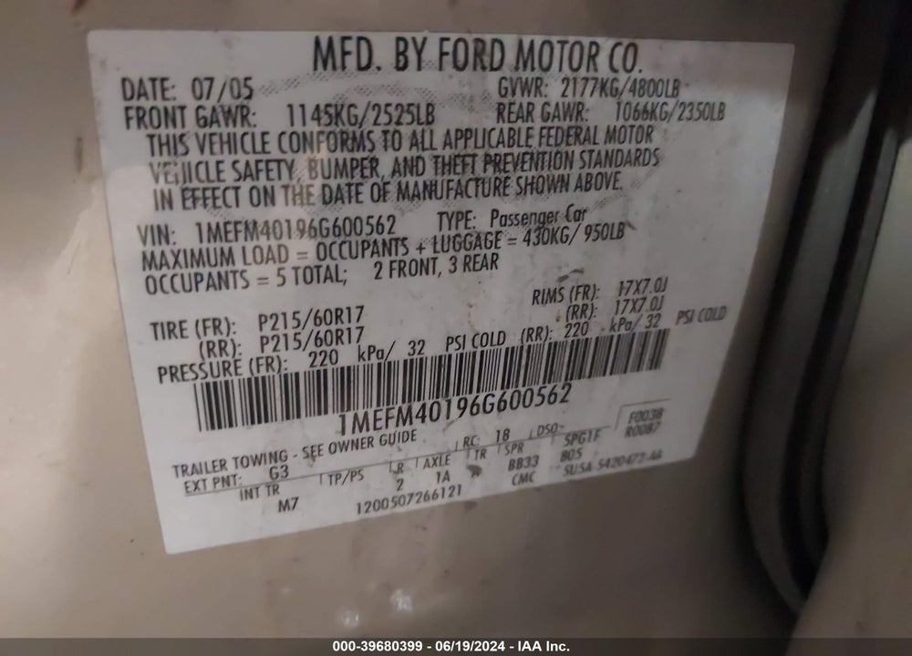 2006 MERCURY MONTEGO LUXURY VIN: 1MEFM40196G600562