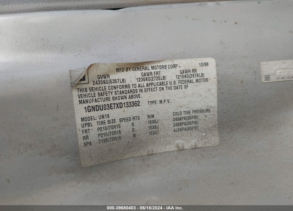 1999 CHEVROLET VENTURE VIN: 1GNDU03E7XD133362