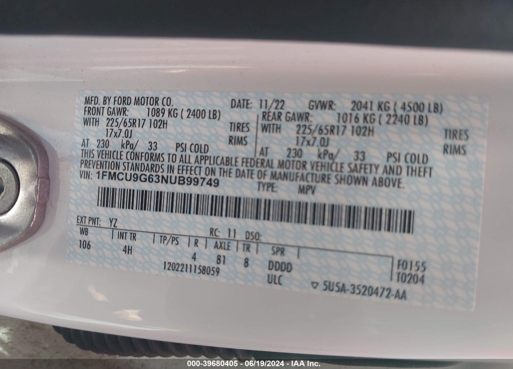 2022 FORD ESCAPE SE VIN: 1FMCU9G63NUB99749