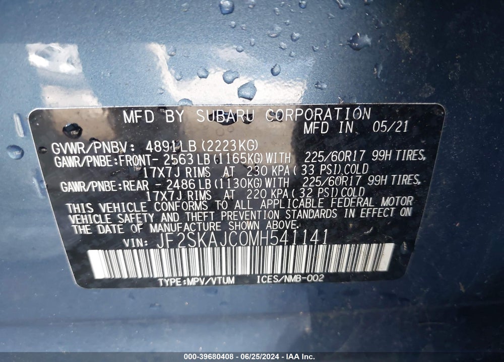 2021 SUBARU FORESTER PREMIUM VIN: JF2SKAJC0MH541141