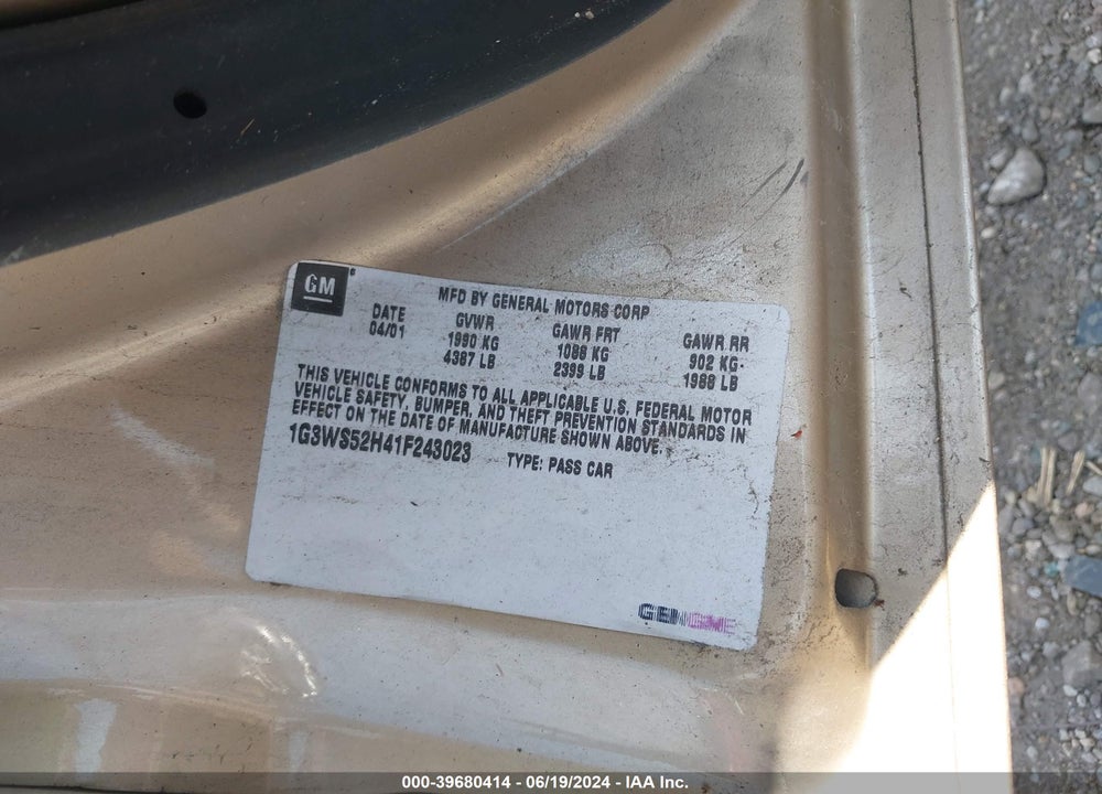 2001 OLDSMOBILE INTRIGUE GL VIN: 1G3WS52H41F243023