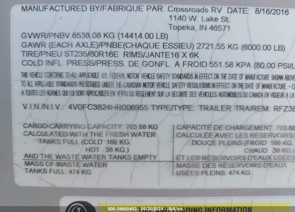 2017 CROSSROADS RV REZERVE FIFTH WHEEL VIN: 4V0FC3824HR006955