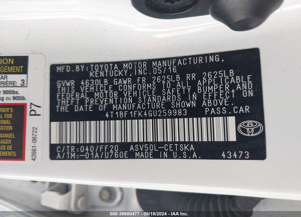 2016 TOYOTA CAMRY SE VIN: 4T1BF1FK4GU259983