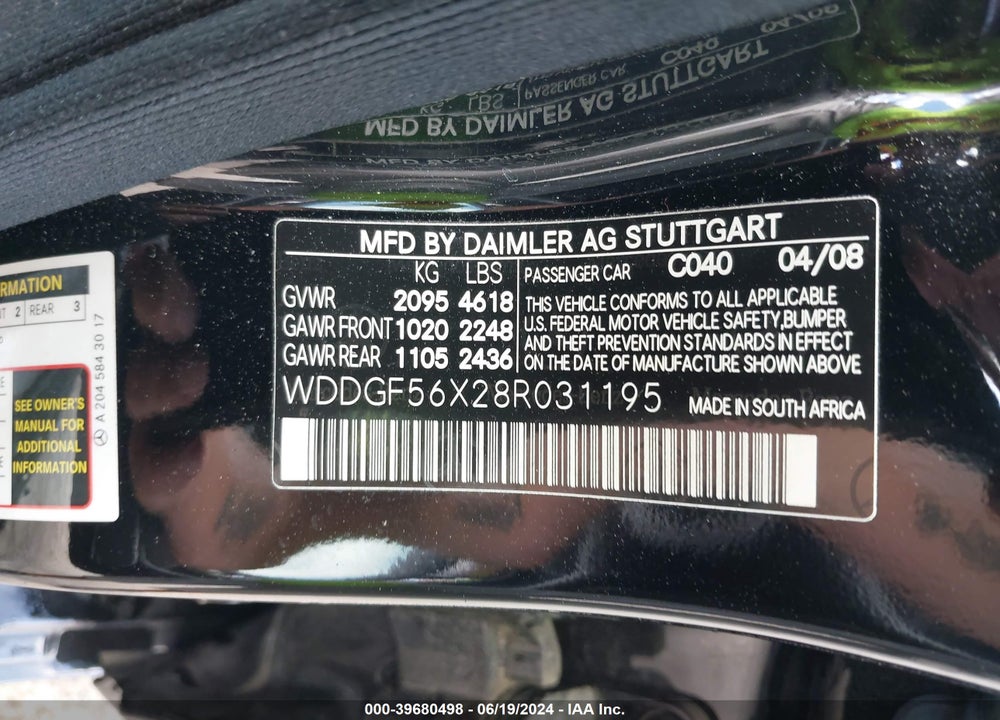 2008 MERCEDES-BENZ C 350 SPORT VIN: WDDGF56X28R031195