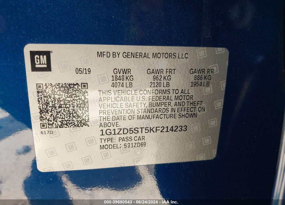 2019 CHEVROLET MALIBU LT VIN: 1G1ZD5ST5KF214233