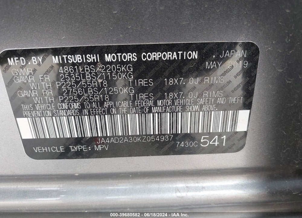2019 MITSUBISHI OUTLANDER ES VIN: JA4AD2A30KZ054937