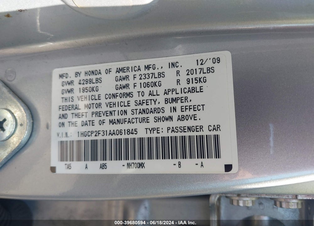 2010 HONDA ACCORD 2.4 LX VIN: 1HGCP2F31AA061845