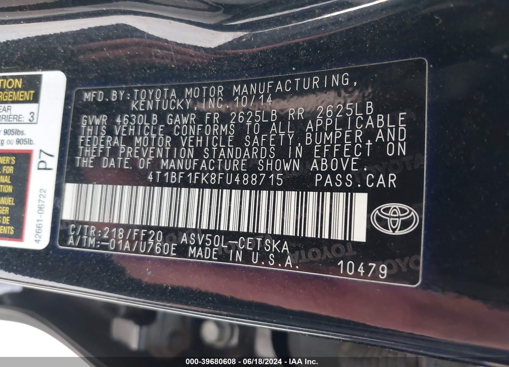 2015 TOYOTA CAMRY VIN: 4T1BF1FK8FU488715