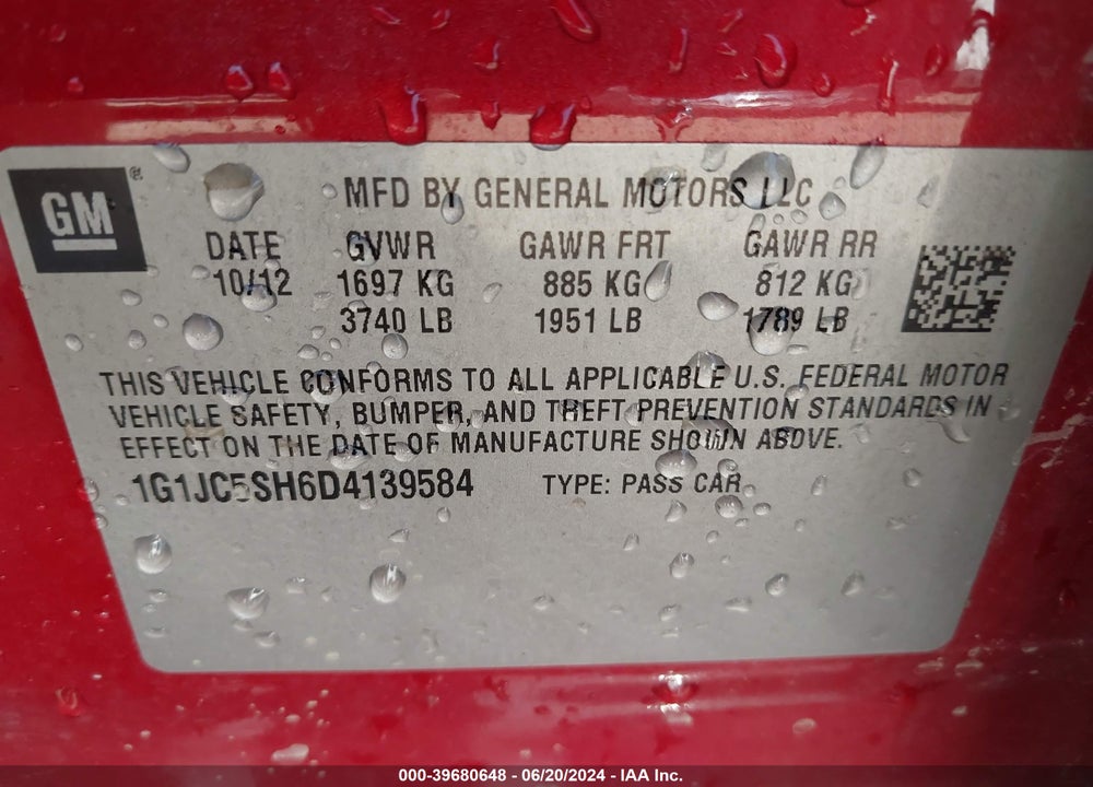 2013 CHEVROLET SONIC LT AUTO VIN: 1G1JC5SH6D4139584