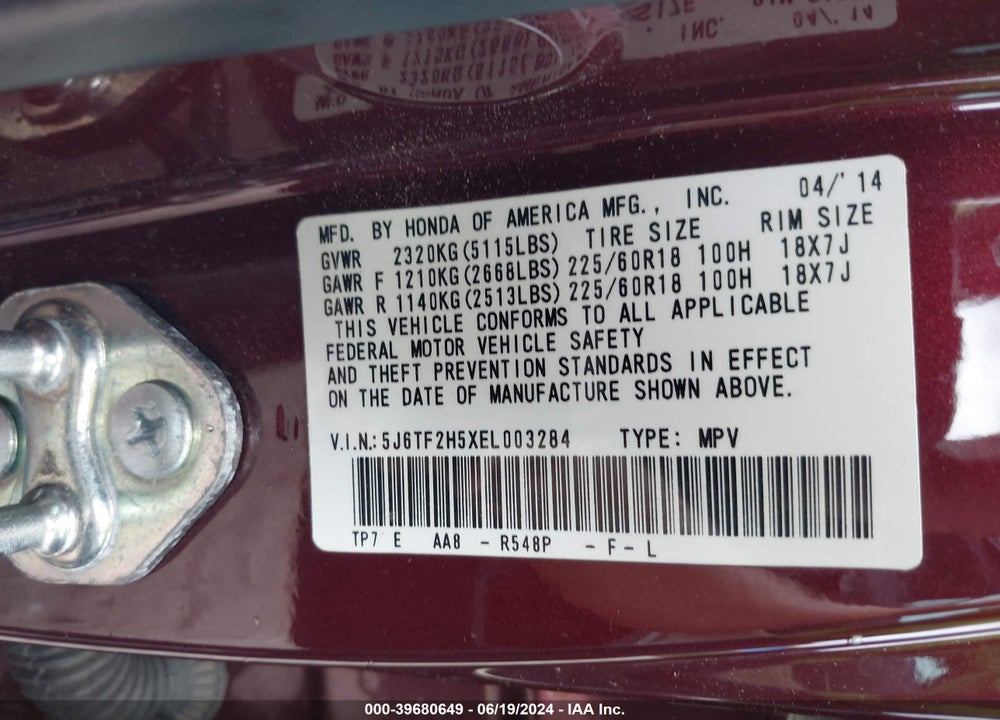 2014 HONDA CROSSTOUR EX-L V6 VIN: 5J6TF2H5XEL003284