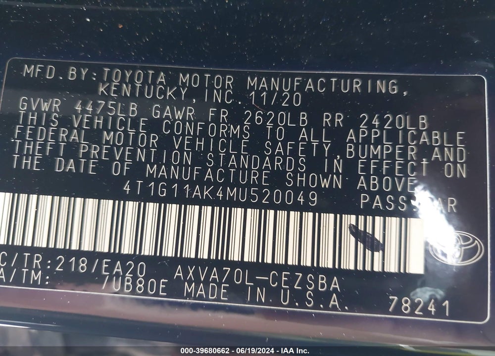 2021 TOYOTA CAMRY SE VIN: 4T1G11AK4MU520049