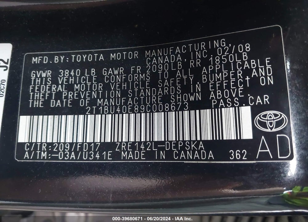 2009 TOYOTA COROLLA S VIN: 2T1BU40E89C008673