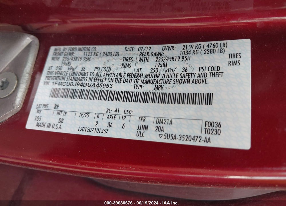 2013 FORD ESCAPE VIN: 1FMCU0J94DUA45953