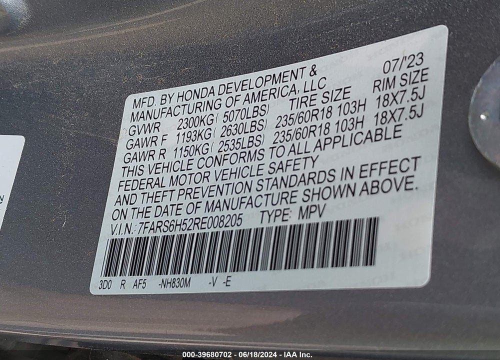 2024 HONDA CR-V HYBRID SPORT VIN: 7FARS6H52RE008205