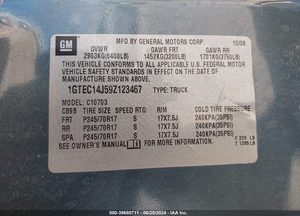 2009 GMC SIERRA 1500 WORK TRUCK VIN: 1GTEC14J59Z123467