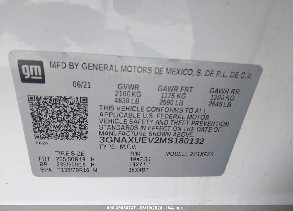 2021 CHEVROLET EQUINOX AWD LT VIN: 3GNAXUEV2MS180132