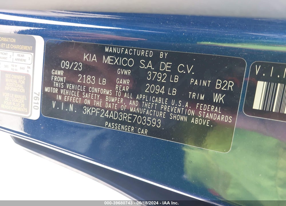 2024 KIA FORTE LXS VIN: 3KPF24AD3RE703593