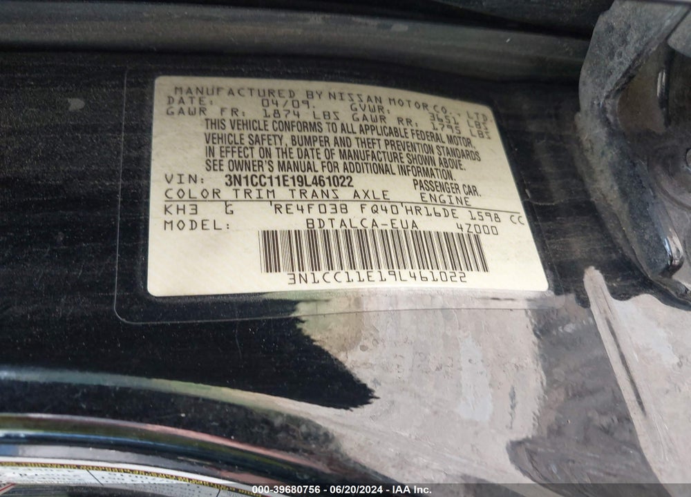 2009 NISSAN VERSA 1.6 VIN: 3N1CC11E19L461022