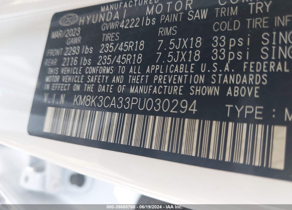 2023 HYUNDAI KONA N LINE VIN: KM8K3CA33PU030294