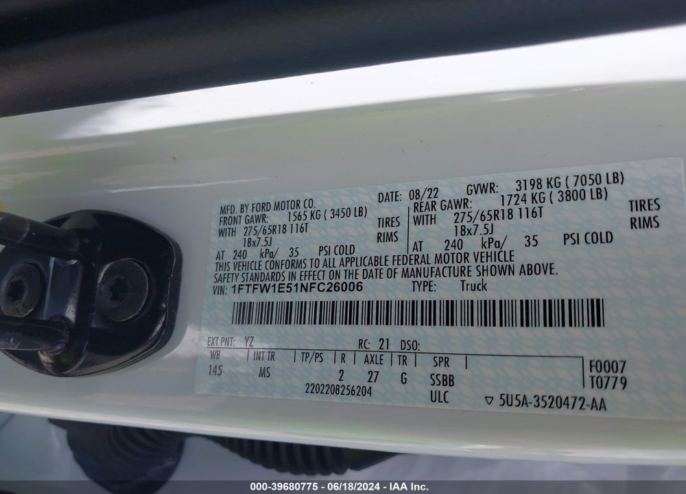 2022 FORD F-150 XLT VIN: 1FTFW1E51NFC26006