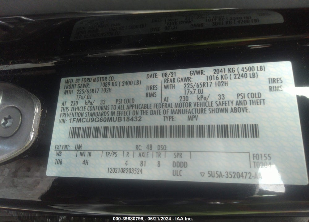 2021 FORD ESCAPE SE VIN: 1FMCU9G60MUB18432