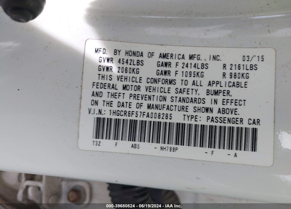 2015 HONDA ACCORD HYBRID EX-L VIN: 1HGCR6F57FA008285