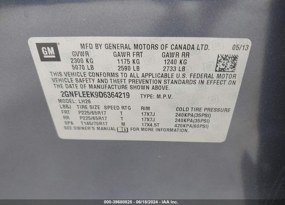 2013 CHEVROLET EQUINOX 1LT VIN: 2GNFLEEK9D6364219