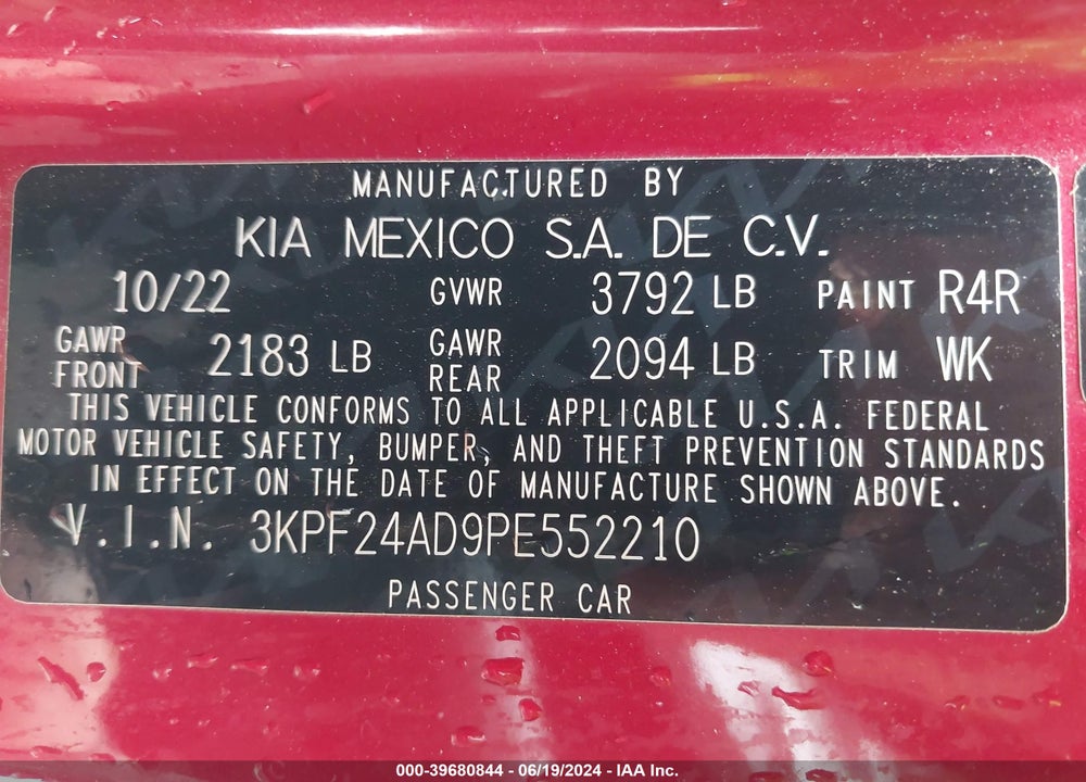 2023 KIA FORTE LXS VIN: 3KPF24AD9PE552210
