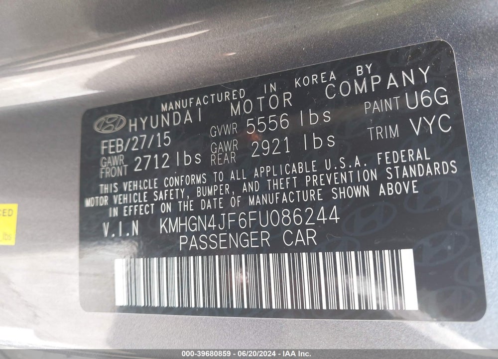 2015 HYUNDAI GENESIS 5.0 VIN: KMHGN4JF6FU086244