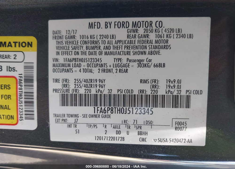 2018 FORD MUSTANG VIN: 1FA6P8TH0J5123345