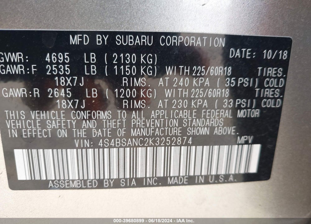 2019 SUBARU OUTBACK 2.5I LIMITED VIN: 4S4BSANC2K3252874