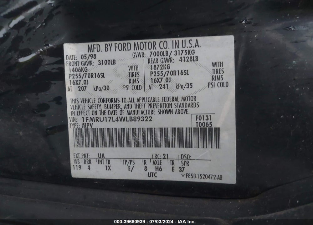 1998 FORD EXPEDITION EDDIE BAUER/XLT VIN: 1FMRU17L4WLB89322