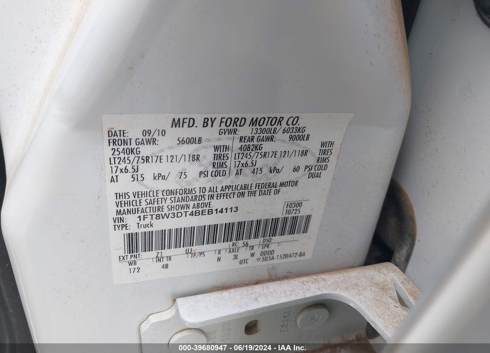 2011 FORD F 350 VIN: 1FT8W3DT4BEB14113