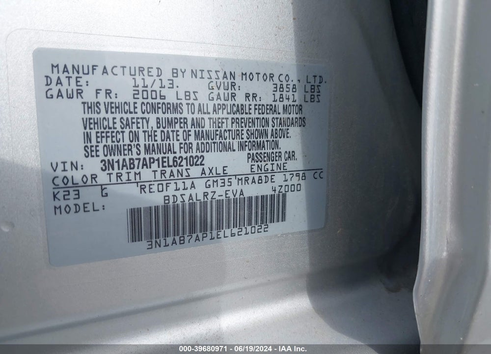 2014 NISSAN SENTRA SR VIN: 3N1AB7AP1EL621022