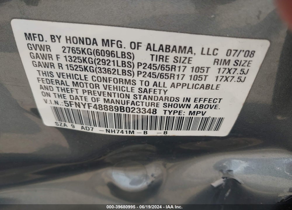 2009 HONDA PILOT TOURING VIN: 5FNYF48889B023348