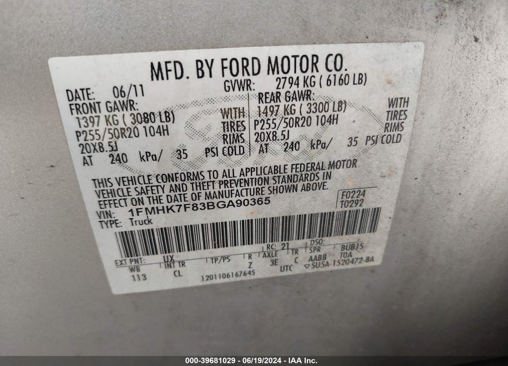 2011 FORD EXPLORER LIMITED VIN: 1FMHK7F83BGA90365